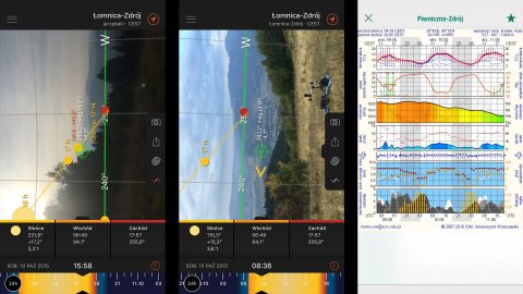Pozycji słońca dzięki aplikacji Sun Surveyor, a prognoza pogody poprzez ICM Meteo